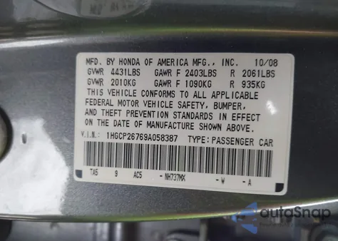 2009 Honda Accord 2.4 Ex from USA, damaged, VIN 1HGCP26769A058387